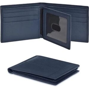 NEW REAL Leather Bifold Wallet for Men Navy